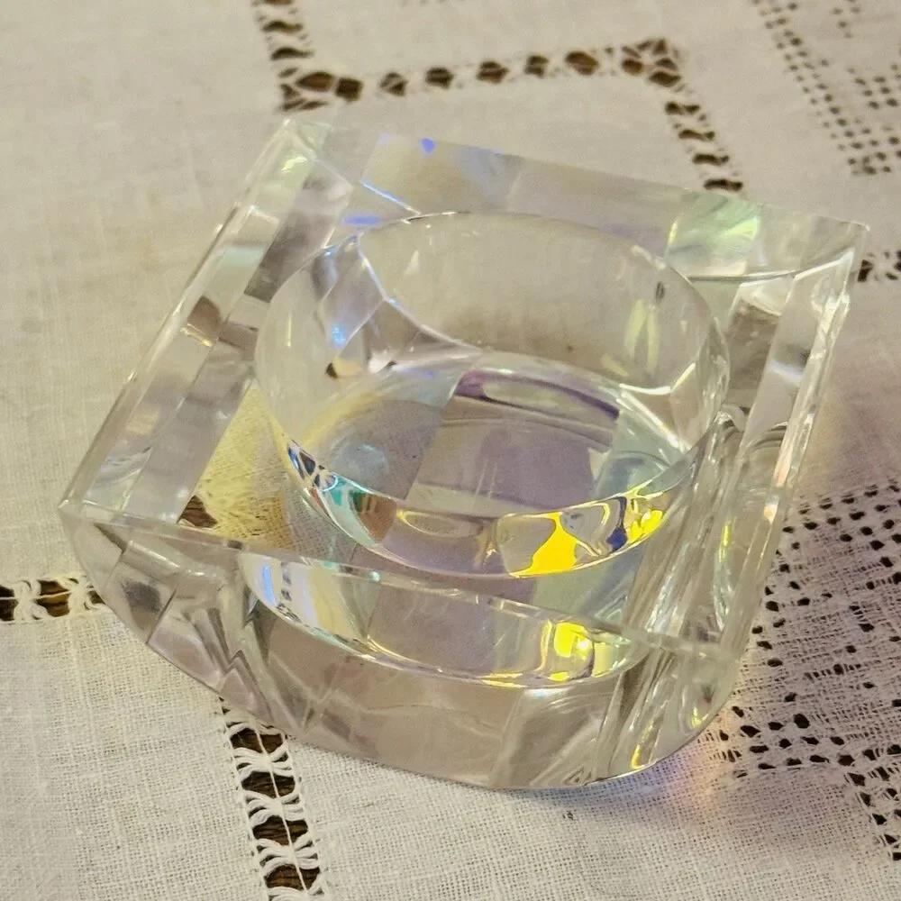Oleg Cassini Crystal Votive Candle Holder Square Faceted Art Glass Decor